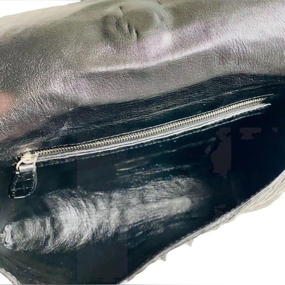 Midnight Black Genuine Exotic Croc Wrap Clutch Shoulder Bag Purse - Picture 7 of 7